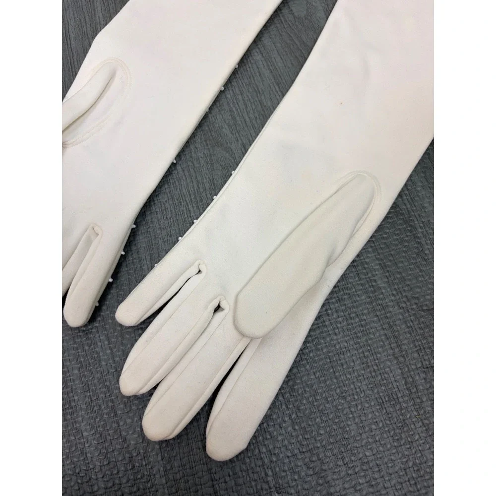 Invicta Opera Gloves 6.5 White Vintage Beaded Cotton Mid Century Formal Wedding